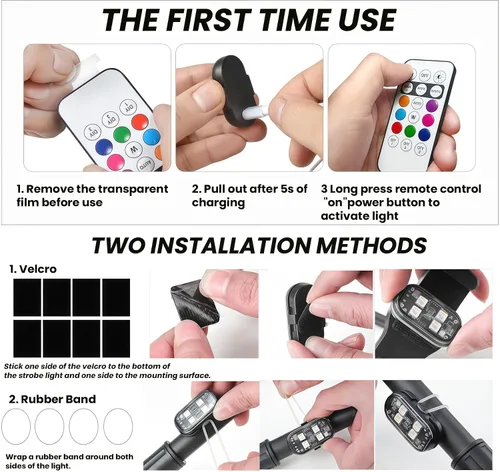 Miniatura 7 de 8 luces estroboscópicas LED inalámbricas con control remoto, RGB 8 colores multifunción, carga USB, impermeable, anticolisión, advertencia trasera