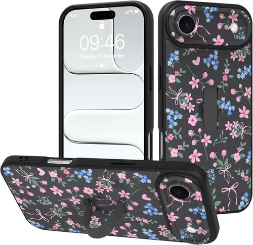 Miniatura 127 de Funda diseñada para iPhone 17 Pro Max con soporte plegable y correa para dedos, bonito patrón de lazo de corazón de flor rosa para mujeres y niñas