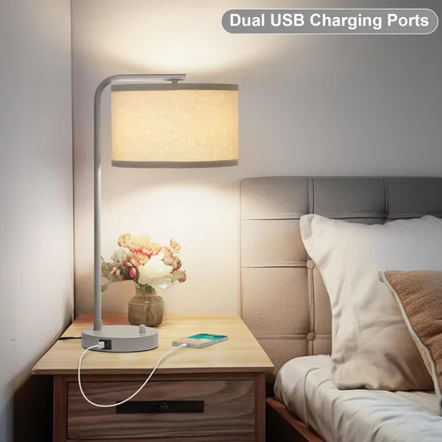 Miniatura 4 de Lámpara de mesa con puertos USB C+A, lámpara de mesita de noche completamente regulable para sala de estar, lámpara de cabecera moderna gris