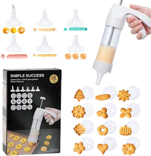 Pistola de prensa de galletas Spritz con 12 discos y 6 puntas para glaseado - Kit de prensa de galletas para hornear galletas fáciles, prensa de