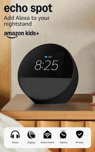 Miniatura 12 de Amazon Echo Spot: ideal para mesitas de noche, oficinas y cocinas, incluye despertador inteligente con Alexa (negro)