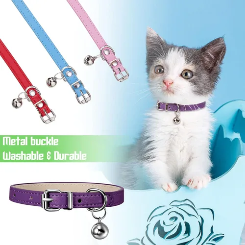 Miniatura 4 de Weewooday 6 piezas de collar de cuero para gato con campana, lindo collar de cuero para gatito para niños y niñas, gatos para cachorros pequeños