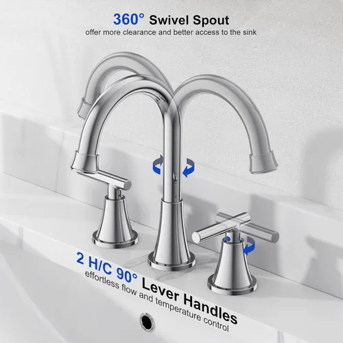 Miniatura 3 de Hurran - Grifos de baño para fregadero de 3 agujeros, grifo cromado para fregadero de baño con drenaje emergente y líneas de suministro, grifo Cromo