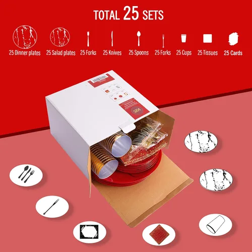 Miniatura 7 de N9R Juego de vajilla de plástico de 225 piezas de oro rojo – desechable para el Día de la Madre, incluye 25 platos llanos, 25 platos de postre, 25