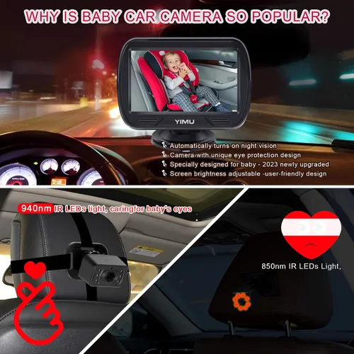 Miniatura 4 de YIMU HD720P Cámara de coche de bebé para asiento trasero, reposacabezas de automóvil, monitor de instalación rápida, visión nocturna, cámara