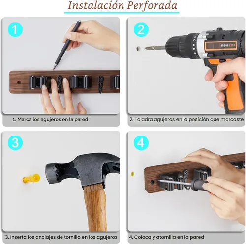 Miniatura 7 de OUTNILI Soporte de pared para escoba de fregona con 3 ranuras y 4 ganchos, colgador de escoba de madera para organización de cocina de despensa