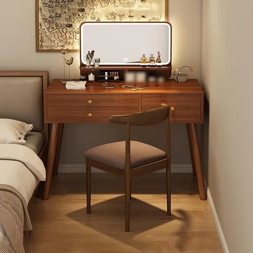 Miniatura 8 de Tocador con espejo de luces, escritorio de maquillaje de madera con taburete acolchado, moderno escritorio de tocador para dormitorio con taburete