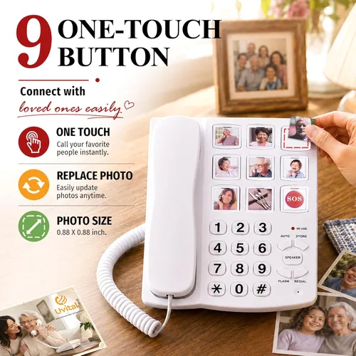 Miniatura 2 de Uvital Teléfono de botón grande para personas mayores, teléfono fijo con cable con 9 botones grandes de marcación de un solo toque, llamadas