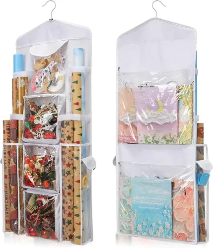EXLIFBAG Organizador de almacenamiento de papel de regalo, organizador de envoltorios de regalo con soporte de doble cara y bolsa de regalo colgante