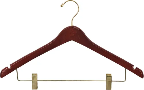 Percha combinada de madera curvada con clips de cojín ajustables, caja de 50 perchas de madera de 17 pulgadas con acabado de nogal y gancho