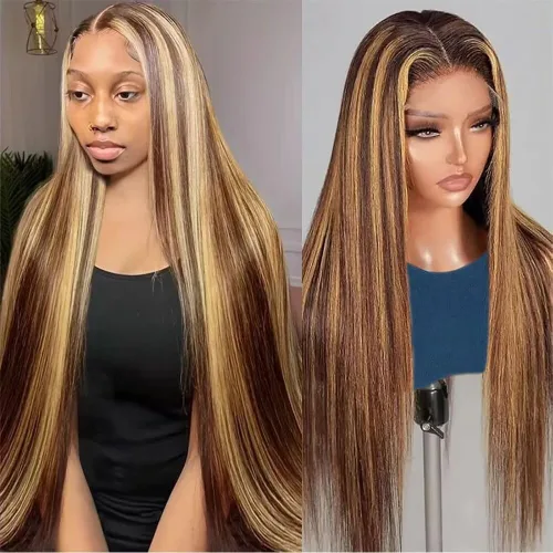 Miniatura 10 de TTSMINS 13x6 Pelucas de encaje frontal degradado para mujeres de cabello humano, densidad 180, color 4/27, resaltado, HD, transparente, 20 pulgadas