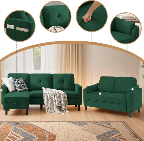 Miniatura 4 de Juego de 2 sofás, sofá de 3 plazas con otomana y sofá cama con reposapiés, conjuntos de sofás para sala de estar/apartamento/oficina, Verde