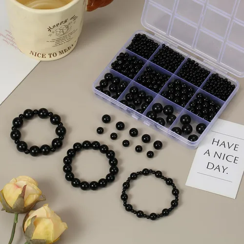 Miniatura 8 de 1200 piezas de cuentas negras, cuentas de acrílico tipo pony, cuentas redondas lisas de 4/6/8/10/12 mm para pulseras, cuentas espaciadoras de perla