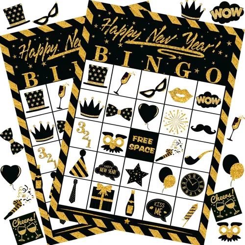 Joy Bang Juegos de Año Nuevo para niños y adultos, tarjetas de bingo de Año Nuevo, 24 jugadores para familiares y amigos, grupo grande, actividades