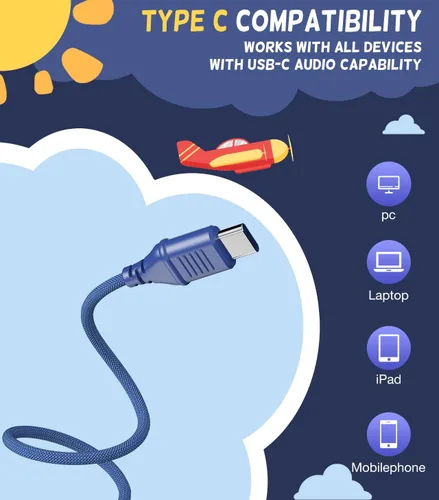 Miniatura 2 de Cowyawn Auriculares USB tipo C para niños, para la escuela, auriculares con cable para niños pequeños, volumen limitado de 94 dB, sonido estéreo HD