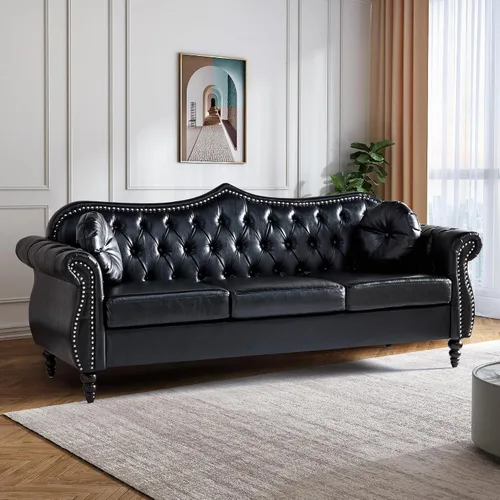 Miniatura 3 de AVZEAR 82" Sofá de tres plazas de cuero, sofá Chesterfield, sofá tapizado en PU de estilo moderno de mediados de siglo, sofá de sala de estar
