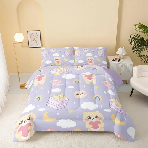 Miniatura 16 de QOOMO - Juego de edredón de tamaño individual con gatos, juego de edredón azul con nubes para niños, adolescentes, niñas y niños, juego de cama de 3