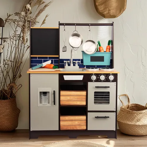 Miniatura 7 de Juego de cocina para niños de 3 a 8 años, cocina de madera con accesorios de cocina y alimentos de corte, incluyendo horno, estufa, grifo