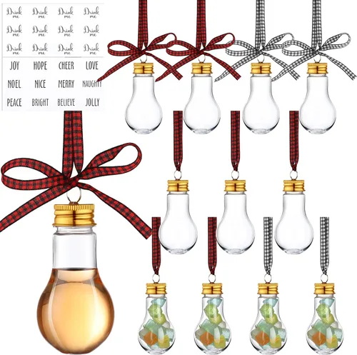 Kajaia 12 bolas de alcohol de Navidad, adornos de árbol rellenables de Navidad con calcomanías de cinta de cuadros de búfalo, adornos de plástico