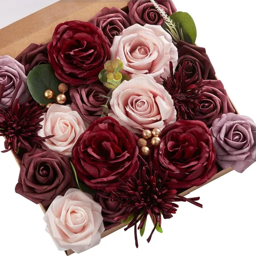 Miniatura 24 de Serwalin Flores de seda, flores artificiales burdeos para decoración de boda, rosas falsas rosas rosas y rojas con tallos y caja de vegetación, A