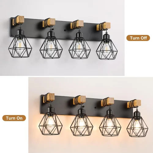 Miniatura 6 de Lámparas blancas para tocador de baño, luminarias de baño de madera de 2 luces sobre el espejo, apliques rústicos de pared con elegante pantalla