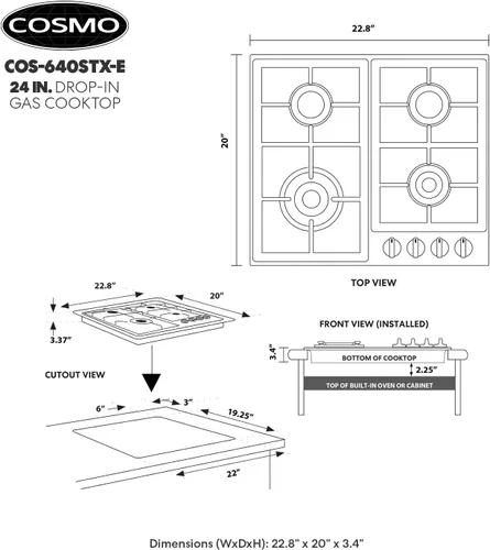 Miniatura 11 de COSMO 640STX-E - Placa de cocina de gas de 24 pulgadas con 4 quemadores sellados, encimera con rejilla de hierro fundido y perillas de metal a