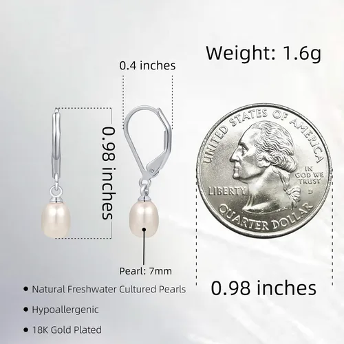 Miniatura 6 de Cowlyn - Aretes de perlas seleccionadas a mano, calidad AAA+, cultivadas en agua dulce, con cierre de palanca, aretes colgantes para regalo