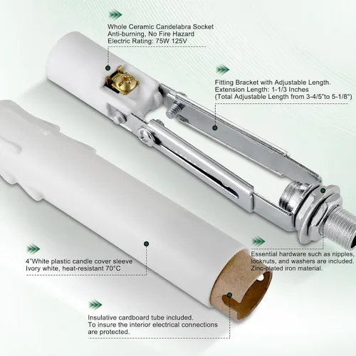 Miniatura 3 de Candelabro E12 - Enchufe de luz de cerámica ajustable de longitud para iluminación de candelabro, portalámparas de candelabro con fundas blancas