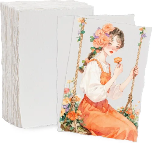 Lunarm Papel de acuarela, 50 hojas, tarjetas de acuarela de 4 x 6 pulgadas, 300 GSM, papel texturizado hecho a mano de algodón con borde para