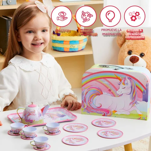 Miniatura 6 de JOYIN Juego de fiesta de té de unicornio para niñas pequeñas, juego de tetera de lata rosa, juguete de cocina con tetera, taza, plato, estuche