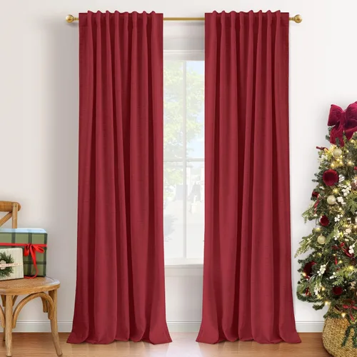 Miniatura 20 de INOVADAY Cortinas 100% opacas de 63 pulgadas de largo, juego de 2 paneles de lino con pestaña trasera, bolsillo para barra, cortinas opacas