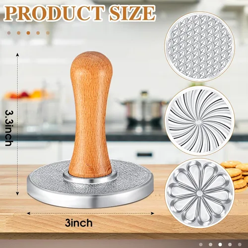Miniatura 2 de Wenqik 3 piezas de sellos de galletas redondos de metal para prensa de galletas molde con mango de madera para hornear en relieve, suministros