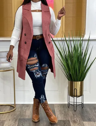 Miniatura 2 de Suéter largo casual sin mangas para mujer, cárdigan de punto con frente abierto, chaleco con bolsillos
