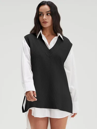 Miniatura 3 de DEEP SELF Suéter de cuello en V, sin mangas, de gran tamaño, suéter de punto de otoño para mujer