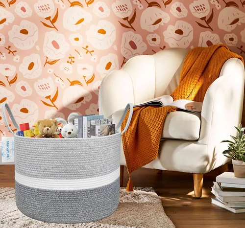 Miniatura 7 de Cesta de cuerda tejida XXXL de 21.65 x 13.78 pulgadas, canasta decorativa para sala de estar, juguetes, sofá, mantas, toallas o cuarto del bebé