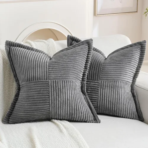 Miniatura 39 de HAUSSY Paquete de 2 fundas de almohada de 22 x 22 pulgadas, fundas decorativas de pana suave, estilo bohemio a rayas sólidas, fundas de cojín