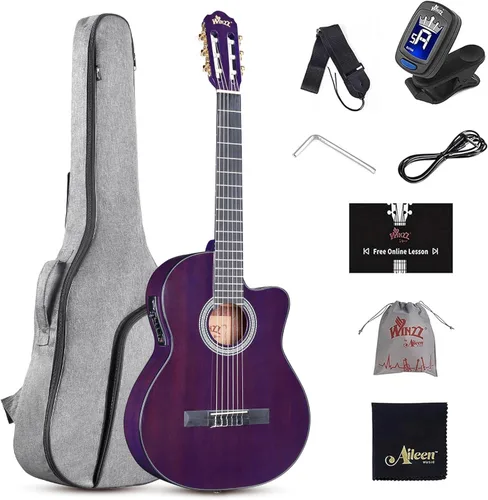 Miniatura 11 de WINZZ Guitarra clásica 4/4, guitarra de cuerda de nailon de tamaño completo de 39 pulgadas para adultos principiantes, kit completo de guitarra