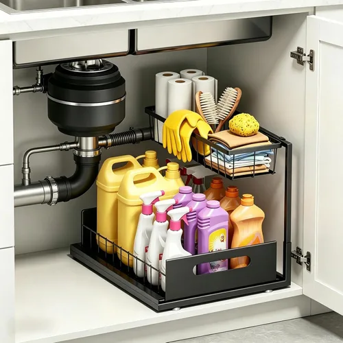 Ceetug - Organizadores y almacenamiento para debajo del fregadero de 2 niveles, organizador de gabinete de cocina de metal resistente (negro, 1
