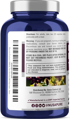 Miniatura 3 de NusaPure Mucuna Pruriens 1000mg 200 cápsulas vegetales (sin OMG, 100% vegetariano, vegano)