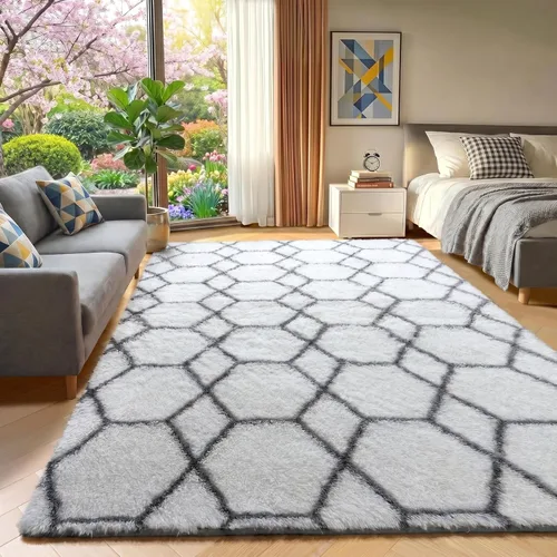 Miniatura 28 de ONASAR Alfombras de área para sala de estar y dormitorio, alfombra esponjosa lavable de 5x8 pies gris y blanca, alfombra de piso suave, afelpada