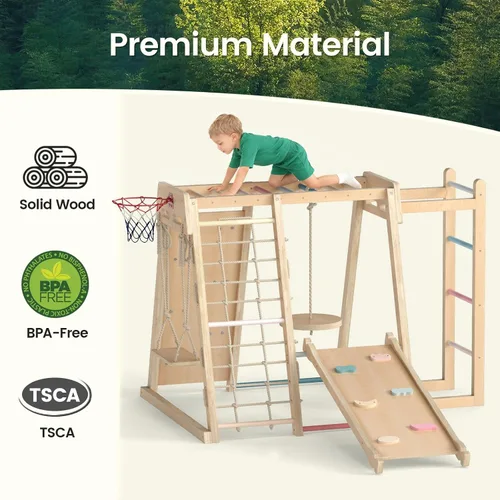 Miniatura 5 de OLAKIDS Gimnasio de la selva para interiores, juguetes Montessori de madera para escalada para bebés 9 en 1 con rampa ajustable de 2 columpios, red