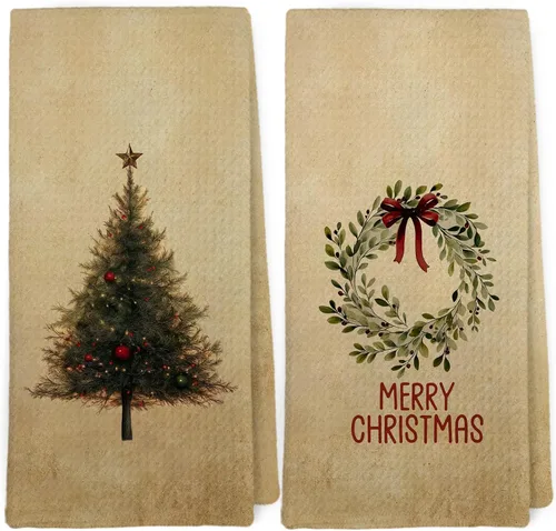 Miniatura 8 de Dibor Juego de 2 Paños de Cocina Decorativos con Árbol de Navidad Verde, Paños de Cocina de Decoración Navideña Preppy, Paño Decorativo de Pino