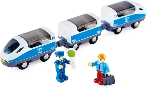 Hape E3728 - Juguete de tren interurbano, juego de juguetes de tren para niños con accesorios, 3 carros magnéticos de apertura/cerrar, figuras de