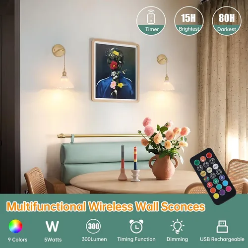 Miniatura 2 de Shenmoyl, aplique de pared que funciona con pilas con pantalla de vidrio de lirio de los valles blanco ajustable, cadena retro, lámpara de pared