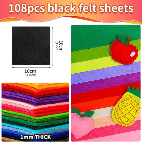 Miniatura 2 de IOOLEEM Hojas de Fieltro Negro, 108 piezas de 4"x4" (10 cm x 10 cm), Precortadas para Manualidades, Tela para Coser, Cuadrados de Retazos
