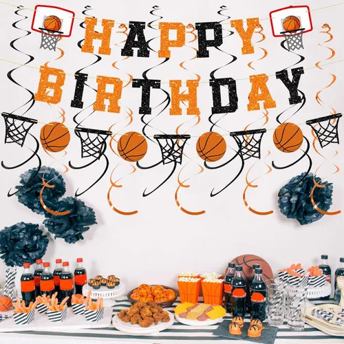 Miniatura 6 de Decoraciones de fiesta de cumpleaños de baloncesto preencordadas, sin pancarta de feliz cumpleaños con purpurina, guirnalda de papel, remolinos