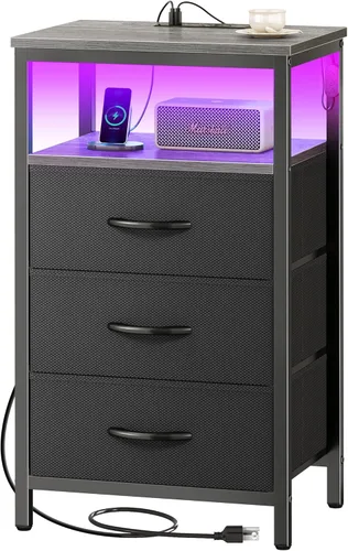 Miniatura 20 de Huuger - Mesita de noche con estación de carga y luces LED, mesita de noche con 2 cajones, mesa auxiliar de cama con estante abierto, mesa auxiliar