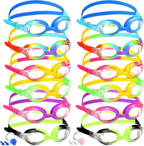 Kanayu 12 gafas de natación para niños, sin fugas, antiniebla, con clips para la nariz, tapones para los oídos, 12 unidades