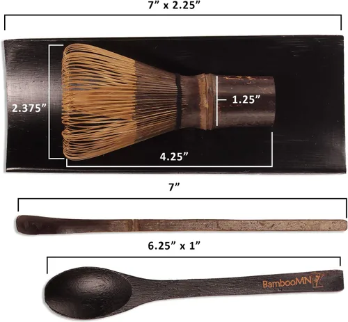 Miniatura 3 de BambooMN Juego de batidor de matcha - Chasen (batidor de té), Chashaku (cuchara de bambú con gancho), cuchara de té - negro