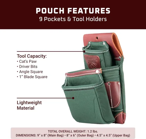 Miniatura 3 de Occidental Leather OxyLights 3 Pouch Pro Fastener Bag - Verde, mano izquierda - 9 bolsillos y portaherramientas - Fabricado en Estados Unidos